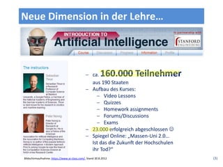 (3)
Neue Dimension in der Lehre…
ca. 160.000 Teilnehmer
aus 190 Staaten
Aufbau des Kurses:
Video Lessons
Quizzes
Homework assignments
Forums/Discussions
Exams
23.000 erfolgreich abgeschlossen 
Spiegel Online: „Massen-Uni 2.0…
Ist das die Zukunft der Hochschulen
ihr Tod?“
Bildschirmaufnahme https://www.ai-class.com/, Stand 30.8.2012
 