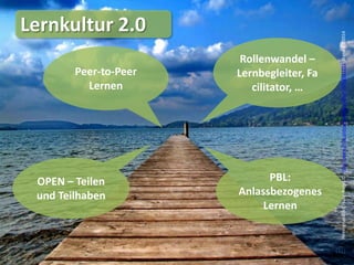 Lernkultur 2.0
(31)
Rollenwandel –
Lernbegleiter, Fa
cilitator, …
Peer-to-Peer
Lernen
OPEN – Teilen
und Teilhaben
PBL:
Anlassbezogenes
Lernen
Hintergrundbild,Flickr,Kugel,D.,http://www.flickr.com/photos/kugelfisch/3558561251,Stand9.3.2014
 