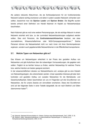 Als weitere relevante AkteurInnen, die als Schlüsselpersonen für ein funktionierendes
Netzwerk äußerst wichtig erscheinen und daher in jedem sozialen Netzwerk vorhanden sein
sollten, bezeichnet man die Opinion Leader und Opinion Broker. Die Begriffe wurden
bereits anhand einer Definition von Harald Katzmair im Kapitel zur Netzwerkanalyse
beschrieben.


Nach Katzmair gibt es noch eine weitere Personengruppe, die als wichtige Akteurin in einem
Netzwerk erachtet wird bzw. zu der zumindest Netzwerkbeziehungen aufgebaut werden
sollten. Dies sind Personen, die Confrontainment-Know-how besitzen, wie etwa
JournalistInnen,         WissenschafterInnen          oder     NGO-CampagnenexpertInnen.11                Solche
Personen können die Netzwerkarbeit nicht nur nach innen mit ihren Kernkompetenzen
ergänzen, sondern auch gegebenenfalls Netzwerkthemen in die Öffentlichkeit transportieren.


5.7.       Welche Typen von Netzwerken gibt es?


Das Wissen um Netzwerktypen erleichtert in der Praxis den gezielten Aufbau von
Netzwerken und gibt Aufschluss über die notwendigen Vorraussetzungen, die gegeben sein
sollten. Folglich ist es leichter heraus zu finden, welcher Netzwerktyp für welches Thema
bzw. welche Intention am besten geeignet erscheint.
In der wissenschaftlichen Literatur zur Netzwerktheorie und –analyse gibt es eine Vielzahl
von Netzwerktypologien, die unterschieden werden. Unser spezielles Interesse gilt aber dem
konkreten und gezielten Aufbau von sozialen Netzwerken für die Betriebsrats- und
Gewerkschaftsarbeit. Daher beschränken wir uns im Folgenden auf drei Grundformen von
Netzwerken, die für unsere Zwecke am sinnvollsten erscheinen. Diese drei Grundformen
sind auf der folgenden Seite in einer Tabelle dargestellt, die wir nach Diettrich und Gillen
übernommen haben12:




11
     vgl. Katzmair: Netzwerk-Kommunikation In: Vlastos: Schöne neue Kleinbetriebswelt. Teil 2. 2005. S. 35.
12
     vgl. Diettrich, Gillen: Netzwerkmoderatoren in unterschiedlichen Netzwerktypen. In: Elsholz [u.a.]:
     Kompetenzentwicklungsnetzwerke. 2004. S.193.


                                                                                                              18
 