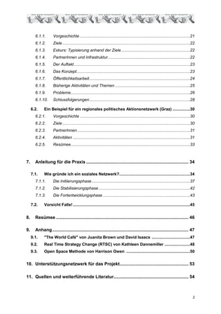 6.1.1.       Vorgeschichte ...............................................................................................21
       6.1.2.       Ziele ..............................................................................................................22
       6.1.3.       Exkurs: Typisierung anhand der Ziele ...........................................................22
       6.1.4.       PartnerInnen und Infrastruktur.......................................................................22
       6.1.5.       Der Auftakt ....................................................................................................23
       6.1.6.       Das Konzept..................................................................................................23
       6.1.7.       Öffentlichkeitsarbeit.......................................................................................24
       6.1.8.       Bisherige Aktivitäten und Themen .................................................................25
       6.1.9.       Probleme.......................................................................................................26
       6.1.10.      Schlussfolgerungen.......................................................................................28

     6.2.    Ein Beispiel für ein regionales politisches Aktionsnetzwerk (Graz) ...............30
       6.2.1.       Vorgeschichte ...............................................................................................30
       6.2.2.       Ziele ..............................................................................................................30
       6.2.3.       PartnerInnen .................................................................................................31
       6.2.4.       Aktivitäten .....................................................................................................31
       6.2.5.       Resümee.......................................................................................................33



7.     Anleitung für die Praxis .................................................................................. 34

     7.1.    Wie gründe ich ein soziales Netzwerk?.............................................................34
       7.1.1.       Die Initiierungsphase.....................................................................................37
       7.1.2.       Die Stabilisierungsphase ...............................................................................42
       7.1.3.       Die Fortentwicklungsphase ...........................................................................43

     7.2.    Vorsicht Falle! .....................................................................................................45


8.     Resümee .......................................................................................................... 46

9.     Anhang ............................................................................................................. 47
     9.1.    "The World Café" von Juanita Brown und David Isaacs .................................47
     9.2.    Real Time Strategy Change (RTSC) von Kathleen Dannemiller ......................48
     9.3.    Open Space Methode von Harrison Owen .......................................................50


10. Unterstützungsnetzwerk für das Projekt....................................................... 53

11. Quellen und weiterführende Literatur............................................................ 54



                                                                                                                                        2
 