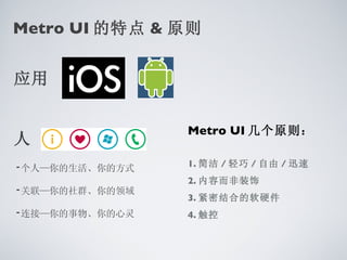 Metro UI 的特点 & 原则


应用


                Metro UI 几个原则：
人
•个人—你的生活、你的方式   1. 简洁 / 轻巧 / 自由 / 迅速
                2. 内容而非装饰
•关联—你的社群、你的领域
                3. 紧密结合的软硬件
•连接—你的事物、你的心灵   4. 触控
 