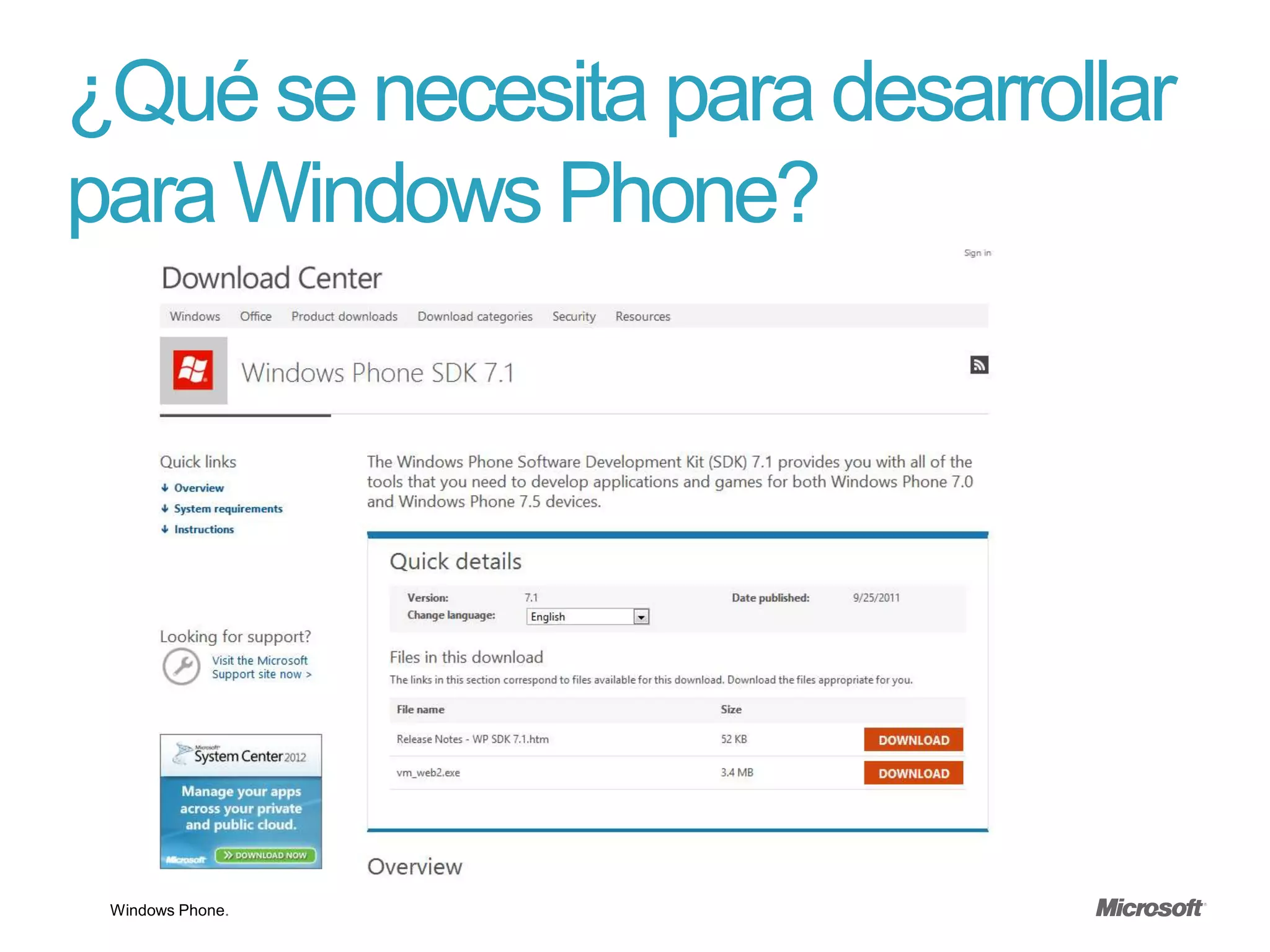 ¿Qué se necesita para desarrollar
para Windows Phone?




 Windows Phone.
 