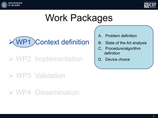 3
Work Packages
A. Problem definition
B. State of the Art analysis
C. Procedure/algorithm
definition
D. Device choice
 WP1 Context definition
 WP2 Implementation
 WP3 Validation
 WP4 Dissemination
 