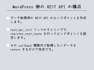 WordPress 側の REST API の構成
データ取得用の REST API のエンドポイントを作成
します。
rest_api_init フックのタイミングで、
register_rest_route を行ってエンドポイントを設
定します。
その callback 関数内で取得したいデータを
return するだけで完成です。
 