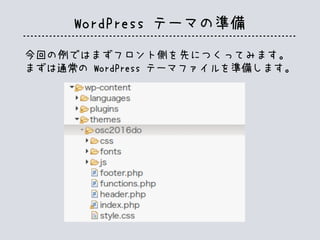 WordPress テーマの準備
今回の例ではまずフロント側を先につくってみます。
まずは通常の WordPress テーマファイルを準備します。
 