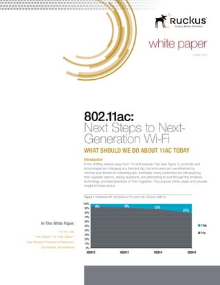 white paper 
October 2014 
802.11ac: 
Next Steps to Next- 
Generation Wi-Fi 
WHAT SHOULD WE DO ABOUT 11AC TODAY 
Introduction 
In the shifting interest away from 11n and towards 11ac (see Figure 1), products and 
technologies are changing at a frenzied clip, but end-users are overwhelmed by 
choices and dizzied by marketing spin. Inevitably, many customers are still weighing 
their upgrade options, asking questions, and attempting to sort through the timelines, 
technology, and best practices of 11ac migration. The purpose of this paper is to provide 
insight to those topics. 
100% 
90% 
80% 
70% 
60% 
50% 
40% 
30% 
20% 
10% 
0% 
3Q2013 4Q2013 1Q2014 2Q2014 
11ac 
11n 
6% 8% 12% 
21% 
Figure 1: Enterprise AP Unit Share of 11n and 11ac. Source: Dell’Oro 
In This White Paper: 
.11n vs .11ac 
.11ac Wave 1 vs .11ac Wave 2 
How Should I Prepare my Network? 
Our Advice, Summarized 
 
