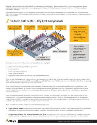 2
A Break in the Clouds: The Cost Benefits of Ansys Cloud //
However, the limitations of in-house resources often mean that simulations are postponed or stuck in a queue, leading to slower
product development times. In fact, in a study by Hyperion Research, 78.1% of engineers reported that their HPC jobs have been
cancelled or delayed.2
Beyond the impact on productivity, companies hosting their own simulation software typically have a higher cost of ownership for
their HPC resources. By choosing to support their own storage and processing needs, they are incurring significant expenses, as shown
in the figure below.
Building an on-premises data center means specifying and paying for:
•	 Data center real estate and office equipment
•	 Cooling systems
•	 Power management systems
•	 Power back-up systems
•	 Operating systems, security solutions and middleware software
While on-premises data center investments can vary depending on the number of users, Ansys estimates that a large company, with
150 simulation users, would require 375 racks, 3,100 servers, 64,000 cores and a 16,000 sq. ft. data center facility to handle its computing
needs. These represent significant financial investments.
Small to medium-sized businesses also need to invest in expensive computing clusters based on their peak usage periods. If the
cluster is too small, they will be forced to create job queues that result in delays and lost time. Conversely, a cluster that is too large
may sit unused at times, resulting in unneeded expenditures. It can be difficult to get the specifications right, balancing cost with
performance needs.
For all businesses, there are other large operational costs to consider, including staff to manage IT and HPC assets, as well as data
center facilities. Often, specialized external expertise is needed to specify the data center or cluster design, ensure its security and
integrate technology from multiple suppliers. Utility costs can also be high, as organizations pay for the large amounts of electricity
needed to cool, store data and run numerically intensive simulations.
There are additional hidden costs of on-premises hosting, including:
•	 Rapid aging of assets. Hardware, servers and other data center assets become outdated quickly, and they need to be replaced to
ensure state-of-the-art computing performance. In fact, the typical amortization period of hardware is just three years.
•	 On-premises software also becomes outdated over time. Across 50 years and more than 4,000 customer engagements, Ansys
has learned that many customers are reluctant to regularly renew their on-premises software and access the most innovative
 