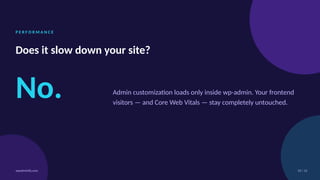 P E R F O R M A N C E
Does it slow down your site?
No. Admin customization loads only inside wp-admin. Your frontend
visitors — and Core Web Vitals — stay completely untouched.
10 / 12
wpadminify.com
 