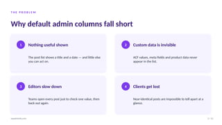 T H E P R O B L E M
Why default admin columns fall short
1 Nothing useful shown
The post list shows a title and a date — and little else
you can act on.
2 Custom data is invisible
ACF values, meta fields and product data never
appear in the list.
3 Editors slow down
Teams open every post just to check one value, then
back out again.
4 Clients get lost
Near-identical posts are impossible to tell apart at a
glance.
2 / 12
wpadminify.com
 