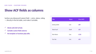 U S E C A S E · C U S T O M F I E L D S
Show ACF fields as columns
Surface any Advanced Custom Field — price, status, rating
— directly in the list table, and make it sortable.
✓ Works with ACF & Pods
✓ Sortable custom-field columns
✓ No template or functions.php edits
Title Status Price (ACF)
Spring Jacket Live $89
Wool Scarf Draft $29
Rain Boots Live $120
Sun Hat Live $35
7 / 12
wpadminify.com
 