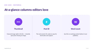 U S E C A S E · E D I T O R I A L
At-a-glance columns editors love
IMG
Thumbnail
Featured image right in the list — instantly
spot posts missing an image.
#
Post ID
The real numeric ID, ready to copy for
shortcodes and support.
W
Word count
See thin or overlong content before it ever
publishes.
9 / 12
wpadminify.com
 