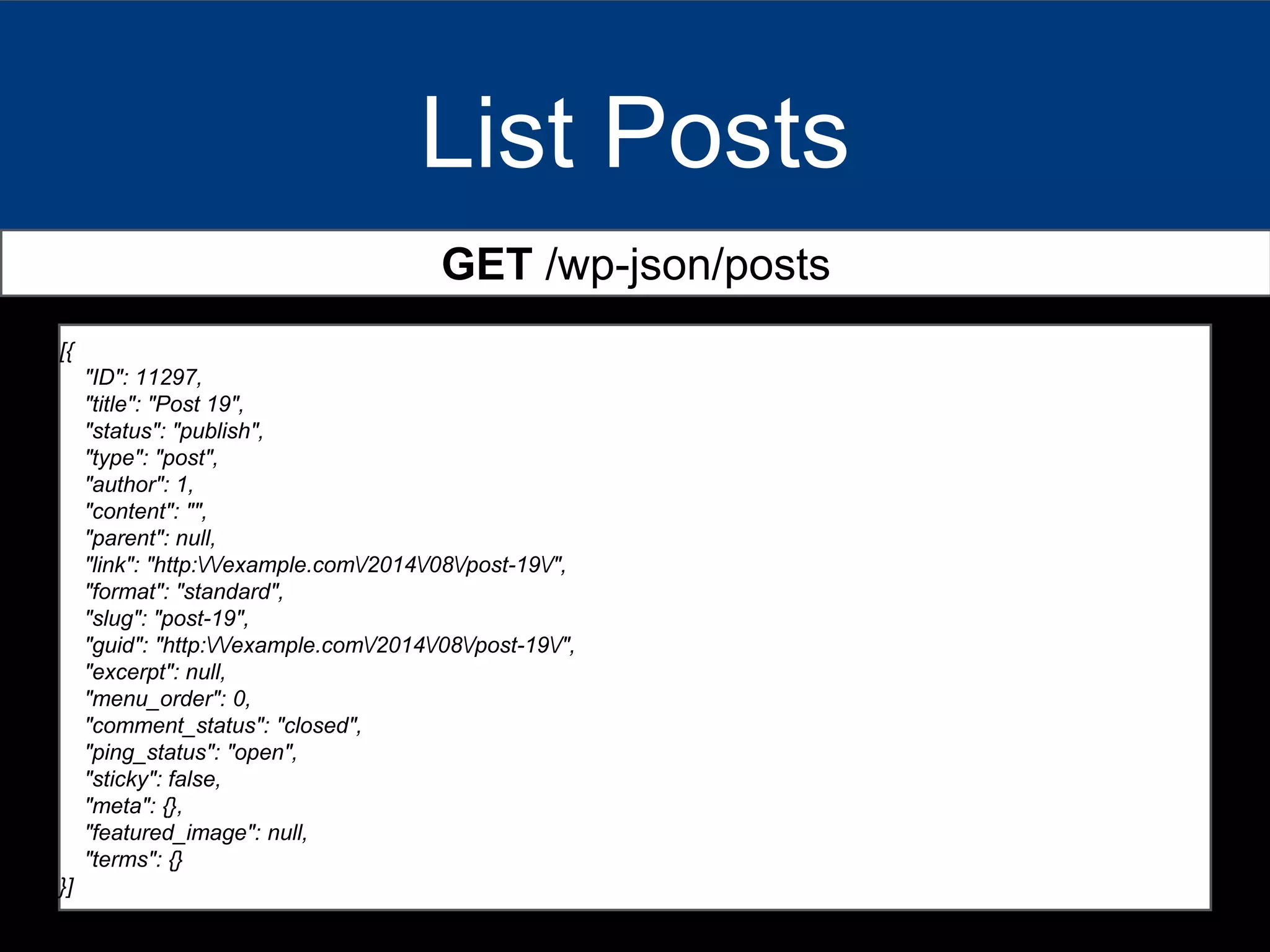 List Posts
[{
"ID": 11297,
"title": "Post 19",
"status": "publish",
"type": "post",
"author": 1,
"content": "",
"parent": null,
"link": "http://example.com/2014/08/post-19/",
"format": "standard",
"slug": "post-19",
"guid": "http://example.com/2014/08/post-19/",
"excerpt": null,
"menu_order": 0,
"comment_status": "closed",
"ping_status": "open",
"sticky": false,
"meta": {},
"featured_image": null,
"terms": {}
}]
GET /wp-json/posts
 