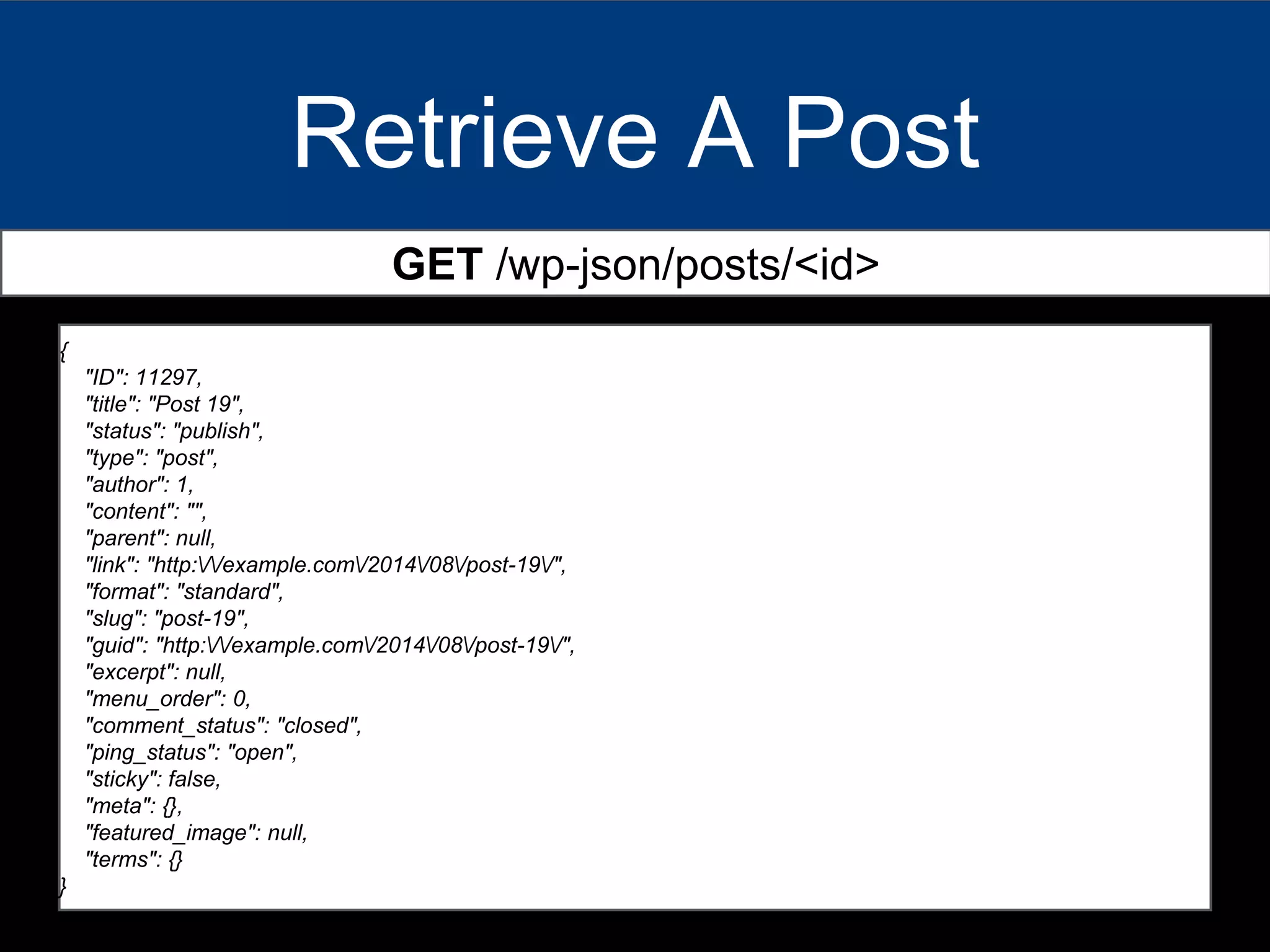 Retrieve A Post
{
"ID": 11297,
"title": "Post 19",
"status": "publish",
"type": "post",
"author": 1,
"content": "",
"parent": null,
"link": "http://example.com/2014/08/post-19/",
"format": "standard",
"slug": "post-19",
"guid": "http://example.com/2014/08/post-19/",
"excerpt": null,
"menu_order": 0,
"comment_status": "closed",
"ping_status": "open",
"sticky": false,
"meta": {},
"featured_image": null,
"terms": {}
}
GET /wp-json/posts/<id>
 