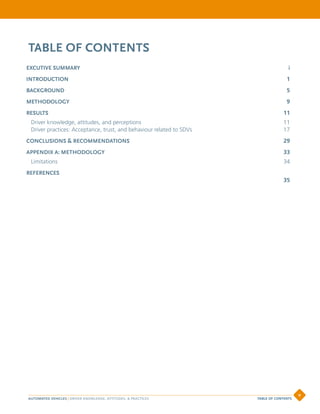 TABLE OF CONTENTS
EXCUTIVE SUMMARY 	 i
INTRODUCTION		 1
BACKGROUND	 5
METHODOLOGY	 9
RESULTS	 11
Driver knowledge, attitudes, and perceptions	 11
Driver practices: Acceptance, trust, and behaviour related to SDVs	 17
CONCLUSIONS & RECOMMENDATIONS	 29
APPENDIX A: METHODOLOGY	 33
Limitations	34
REFERENCES
 35
AUTOMATED VEHICLES | DRIVER KNOWLEDGE, ATTITUDES,  PRACTICES
v
TABLE OF CONTENTS
 