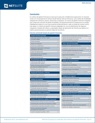 © NetSuite 2012. www.NetSuite.com	 NetSuite Guía para el comprador del software de gestión financiera 14 | 14
Nota técnica
Conclusión
Un sistema de gestión financiera es clave para la ejecución rentable de las operaciones. Es necesario
contar con una perspectiva en tiempo real de diversas métricas financieras, como índices de rentabilidad,
márgenes de inventario, pasivos, activos fijos e impuestos. Un sistema de gestión financiera integrado
que combina los procesos de gestión de pedidos y de aprovisionamiento le proporciona una amplia
visibilidad del negocio a la vez que le permite al personal llevar a cabo sus tareas de manera mucho
más rápida. Un sistema de gestión financiera adaptable con una rica planificación de negocios,
integración completa del sistema y capacidades sólidas de generación de informes que opera en la
nube lo posicionará para su próxima etapa de crecimiento.
Lista de control del sistema de gestión financiera
Gestión financiera principal
Libro mayor general, cuentas a cobrar
y cuentas a pagar
Gestión de gastos 
Gestión de impuestos 
Gestión de cumplimiento
Adquisición, depreciación, eliminación
y revaluación de activos
Gestión de depreciación
Automatización de contabilidad
del proceso de activos
Gestión de flujo de caja
Reconocimiento de ingresos
Soporte para reglas clave de
reconocimiento de ingresos
Gestión de reconocimiento de ingresos
en ventas de múltiples elementos
Plantillas personalizadas de
reconocimiento de ingresos 
Planificación financiera e informes
Presupuestos y pronósticos
Modelación y administración 
Gestión de inventario
Gestión de costos de inventario
Gestión de márgenes de productos 
Capacidades de control de inventario 
Control de rotación de inventario 
Planificación de oferta y demanda
Gestión de compras y proveedores
Historial de auditoría de compras
Generación automática de PO
Gestión de cotizaciones, pedidos y facturación
Direccionamiento electrónico para envío directo 
Transformación automática de cotización a pedido
Transformación automática de pedido a factura
Precios y descuentos integrados
con gestión de cotizaciones
Gestión integrada de pedidos y RMA
Automatización de diferentes condiciones de pago
Soporte para facturación de única vez,
parcial, prorrateada o recurrente
Control de DSO y vencimiento 
Envío y ejecución del pedido
Integración con operadores de envío
Visualización de estado de envío de autoservicio
Control de pedido retrasado de inventario
Permitir selección de prioridad de envío
Seguimiento de logística
Soporte para ejecución del pedido
en múltiples pasos
Gestión de recursos humanos
Gestión de nómina
Integración con contabilidad 
Declaraciones fiscales automatizadas 
Transporte y gastos de empleado
Informes por enfermedad y vacaciones de empleado
Compensación por incentivos
Inteligencia de negocios
Paneles de control en tiempo real
Indicadores clave de rendimiento
Informes de autoservicio
Gestión de múltiples subsidiarias
Soporte para múltiples monedas y tasas de impuestos
Informes de entidades locales y entre entidades
Tipos de cambio en tiempo real
Contabilidad de proyectos y gestión de contratos
Gestión de recursos
Gestión de renovación de contratos
Pagos proporcionales
Costo de proyectos
Cargos adicionales y descuentos personalizados
Gestión de múltiples transacciones
 