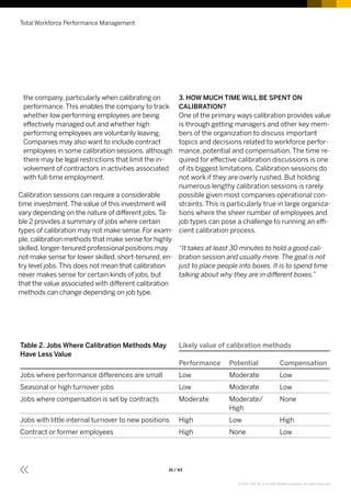 the company, particularly when calibrating on
performance.This enables the company to track
whether low performing employees are being
effectively managed out and whether high
performing employees are voluntarily leaving.
Companies may also want to include contract
employees in some calibration sessions, although
there may be legal restrictions that limit the in-
volvement of contractors in activities associated
with full-time employment.
Calibration sessions can require a considerable
time investment.The value of this investment will
vary depending on the nature of different jobs.Ta-
ble 2 provides a summary of jobs where certain
types of calibration may not make sense. For exam-
ple, calibration methods that make sense for highly
skilled, longer-tenured professional positions may
not make sense for lower skilled, short-tenured, en-
try level jobs.This does not mean that calibration
never makes sense for certain kinds of jobs, but
that the value associated with different calibration
methods can change depending on job type.
3. HOW MUCH TIME WILL BE SPENT ON
CALIBRATION?
One of the primary ways calibration provides value
is through getting managers and other key mem-
bers of the organization to discuss important
topics and decisions related to workforce perfor-
mance, potential and compensation. The time re-
quired for effective calibration discussions is one
of its biggest limitations. Calibration sessions do
not work if they are overly rushed. But holding
numerous lengthy calibration sessions is rarely
possible given most companies operational con-
straints. This is particularly true in large organiza-
tions where the sheer number of employees and
job types can pose a challenge to running an effi-
cient calibration process.
“It takes at least 30 minutes to hold a good cali-
bration session and usually more. The goal is not
just to place people into boxes. It is to spend time
talking about why they are in different boxes.”
Total Workforce Performance Management
16 / 43
Table 2. Jobs Where Calibration Methods May
Have Less Value
Likely value of calibration methods
Performance Potential Compensation
Jobs where performance differences are small Low Moderate Low
Seasonal or high turnover jobs Low Moderate Low
Jobs where compensation is set by contracts Moderate Moderate/
High
None
Jobs with little internal turnover to new positions High Low High
Contract or former employees High None Low
© 2017 SAP SE or an SAP affiliate company. All rights reserved.
 