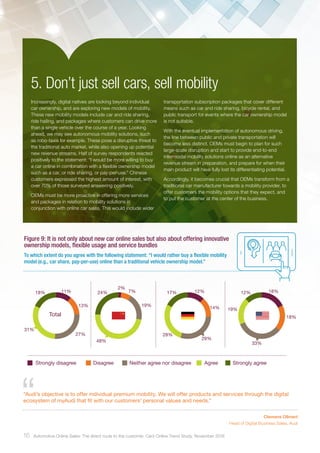 Increasingly, digital natives are looking beyond individual
car ownership, and are exploring new models of mobility.
These new mobility models include car and ride sharing,
ride hailing, and packages where customers can drive more
than a single vehicle over the course of a year. Looking
ahead, we may see autonomous mobility solutions, such
as robo-taxis for example. These pose a disruptive threat to
the traditional auto market, while also opening up potential
new revenue streams. Half of survey respondents reacted
positively to the statement: “I would be more willing to buy
a car online in combination with a flexible ownership model
such as a car, or ride sharing, or pay-per-use.” Chinese
customers expressed the highest amount of interest, with
over 70% of those surveyed answering positively.
OEMs must be more proactive in offering more services
and packages in relation to mobility solutions in
conjunction with online car sales. This would include wider
5. Don’t just sell cars, sell mobility
transportation subscription packages that cover different
means such as car and ride sharing, bicycle rental, and
public transport for events where the car ownership model
is not suitable.
With the eventual implementation of autonomous driving,
the line between public and private transportation will
become less distinct. OEMs must begin to plan for such
large-scale disruption and start to provide end-to-end
intermodal mobility solutions online as an alternative
revenue stream in preparation, and prepare for when their
main product will have fully lost its differentiating potential.
Accordingly, it becomes crucial that OEMs transform from a
traditional car manufacturer towards a mobility provider, to
offer customers the mobility options that they expect, and
to put the customer at the center of the business.
Figure 9: It is not only about new car online sales but also about offering innovative
ownership models, flexible usage and service bundles
To which extent do you agree with the following statement: “I would rather buy a flexible mobility
model (e.g., car share, pay-per-use) online than a traditional vehicle ownership model.”
Strongly disagree Disagree Neither agree nor disagree Agree Strongly agree
12%
14%
29%
28%
17%
2%
7%
19%
48%
24% 18%
18%
33%
19%
12%11%
13%
27%
31%
18%
Total
“Audi’s objective is to offer individual premium mobility. We will offer products and services through the digital
ecosystem of myAudi that fit with our customers’ personal values and needs.”
Clemens Ollmert
Head of Digital Business Sales, Audi
16 Automotive Online Sales: The direct route to the customer. Cars Online Trend Study, November 2016
 