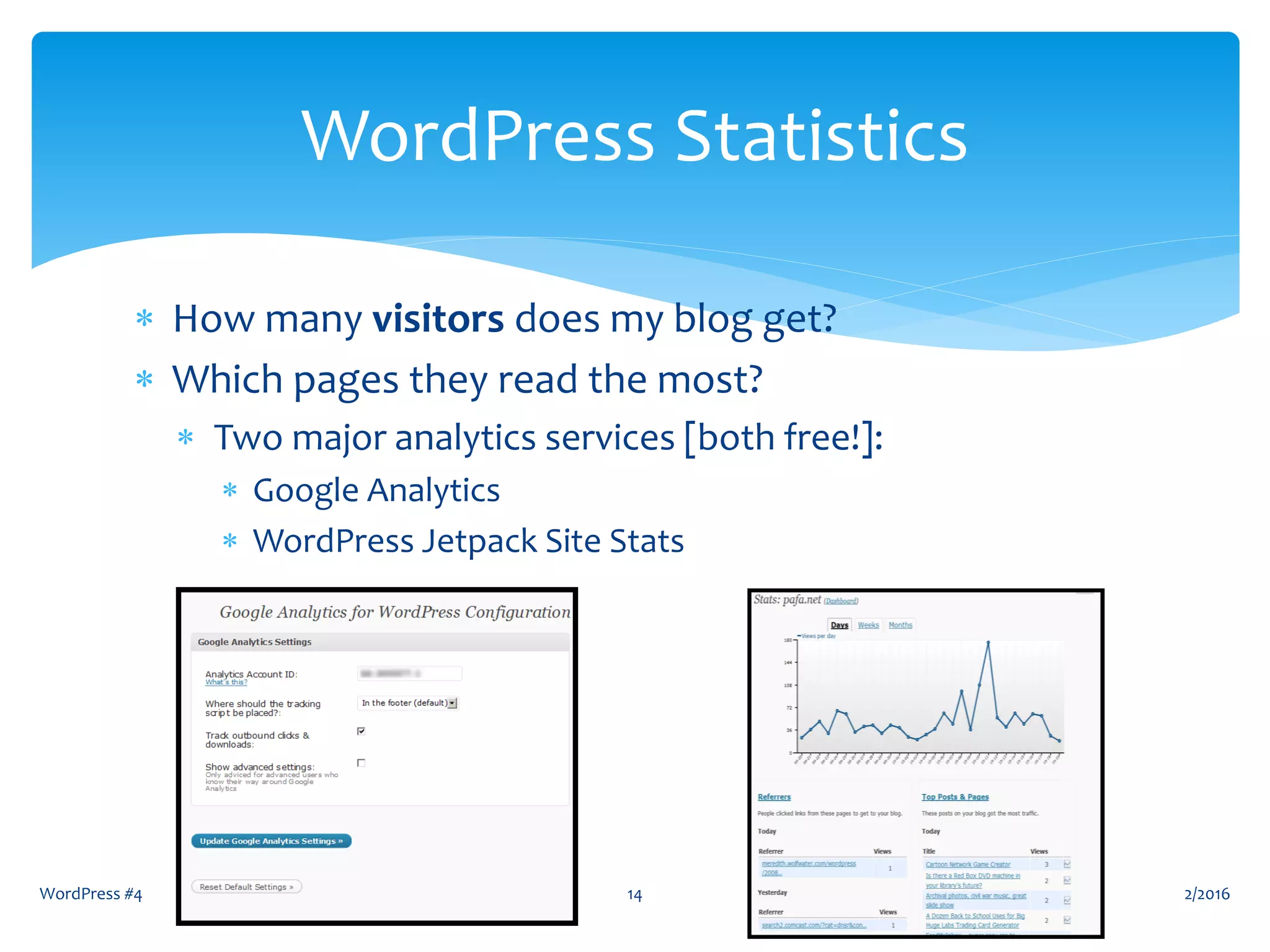 WordPress #4 14
WordPress Statistics
 How many visitors does my blog get?
 Which pages they read the most?
 Two major analytics services [both free!]:
 Google Analytics
 WordPress Jetpack Site Stats
2/2016
 