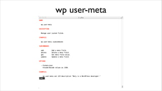Beispiele: WP Version
Entweder man wechselt in das Verzeichnis der jeweiligen Wordpress
Installation	

!

staude$ cd Wordpress Dev/!
staude$ wp core version!
3.6.1!
!

oder man übergibt den Pfad mittels --path=‘pfad/zur/WP/Installation‘	

!

staude$ wp core version --path='/Users/staude/
Projekte/Wordpress Dev'!
3.6.1!

 