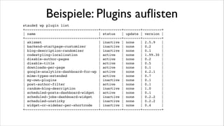 Beispiele: Plugins suchen
staude$ wp plugin search hello-dolly!
Success: Showing 10 of 20 plugins.!
+-------------------------------+-------------------------------+--------+!
| name
| slug
| rating |!
+-------------------------------+-------------------------------+--------+!
| Hello Dolly
| hello-dolly
| 67.4
|!
| Hello Dolly For Your Song
| hello-dolly-for-your-song
| 0
|!
| Hello Simpsons Chalkboard Gag | hello-simpsons-chalkboard-gag | 100
|!
| Hello Kurt
| hello-kurt
| 0
|!
| Fancy Dolly
| fancy-plugin
| 91.4
|!
| Hello Darth
| hello-darth
| 100
|!
| Hello Hollywood
| hello-hollywood
| 100
|!
| Hello Ziggy
| hello-ziggy
| 0
|!
| Hello HAL
| hello-hal
| 100
|!
| Unwanted Plugins Remover
| unwanted-plugins-remover
| 100
|!
+-------------------------------+-------------------------------+--------+!

 