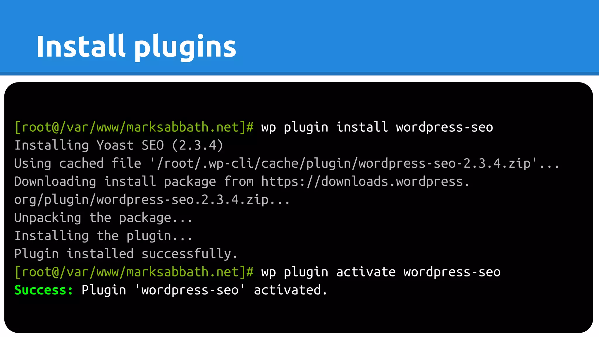 [root@/var/www/marksabbath.net]# wp plugin install wordpress-seo
Installing Yoast SEO (2.3.4)
Using cached file '/root/.wp-cli/cache/plugin/wordpress-seo-2.3.4.zip'...
Downloading install package from https://downloads.wordpress.
org/plugin/wordpress-seo.2.3.4.zip...
Unpacking the package...
Installing the plugin...
Plugin installed successfully.
[root@/var/www/marksabbath.net]# wp plugin activate wordpress-seo
Success: Plugin 'wordpress-seo' activated.
Install plugins
 
