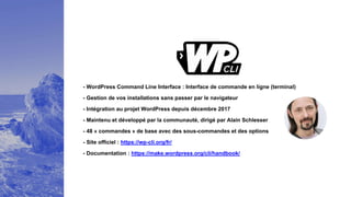 - WordPress Command Line Interface : Interface de commande en ligne (terminal)
- Intégration au projet WordPress depuis décembre 2017
- Maintenu et développé par la communauté, dirigé par Alain Schlesser
- Site officiel : https://wp-cli.org/fr/
- Documentation : https://make.wordpress.org/cli/handbook/
- 48 « commandes » de base avec des sous-commandes et des options
- Gestion de vos installations sans passer par le navigateur
 
