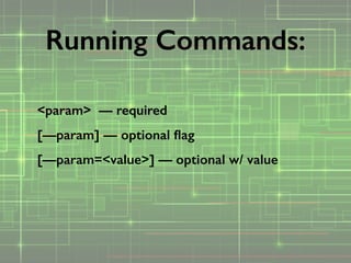 <param> — required
[—param] — optional ﬂag
[—param=<value>] — optional w/ value
Running Commands:
 