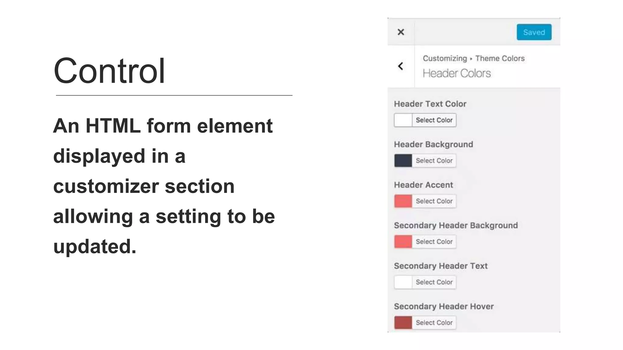 An HTML form element
displayed in a
customizer section
allowing a setting to be
updated.
Control
 