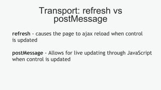 Transport: refresh vs
postMessage
refresh - causes the page to ajax reload when control
is updated
postMessage - Allows for live updating through JavaScript
when control is updated
 