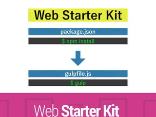 Web Starter Kit
package.json
$ npm install
gulpﬁle.js
$ gulp
 