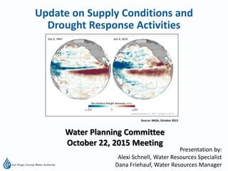 Presentation by:
Alexi Schnell, Water Resources Specialist
Dana Friehauf, Water Resources Manager
Water Planning Committee
October 22, 2015 Meeting
Update on Supply Conditions and
Drought Response Activities
Lake OrovilleAugust 2015
Source: NASA, October 2015
 