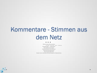 Kommentare - Stimmen aus
      dem Netz
                     Status eines Kommentars
                           Unerledigt • Genehmigt • Spam • Papierkorb
                      Einstellungen -> Diskussion
                         Standardeinstellungen
                      Verschachtelte Kommentare
                        Kommentarmoderation
                          Kommentar-Blacklist
        Avatar ist ein Gravatar (Anmerkung zum Datenschutz)
 