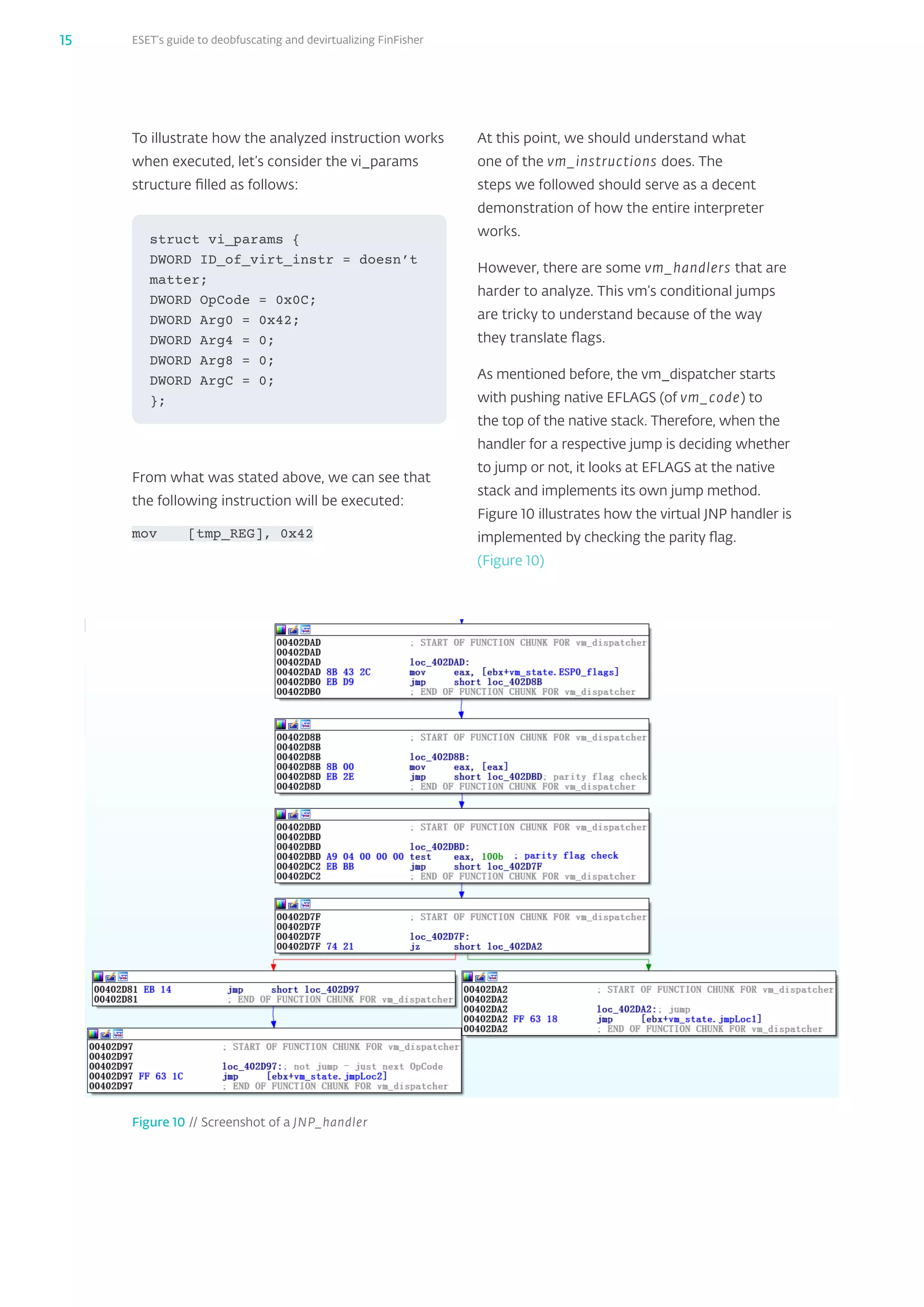 ESET’s guide to deobfuscating and devirtualizing FinFisher15
To illustrate how the analyzed instruction works
when executed, let’s consider the vi_‌params
structure filled as follows:
From what was stated above, we can see that
the following instruction will be executed:
mov	 [tmp_‌REG], 0x42
Figure 10 // Screenshot of a JNP_handler
struct vi_params {
DWORD ID_of_virt_instr = doesn’t
matter;
DWORD OpCode = 0x0C;
DWORD Arg0 = 0x42;
DWORD Arg4 = 0;
DWORD Arg8 = 0;
DWORD ArgC = 0;
};
At this point, we should understand what
one of the vm_‌instructions does. The
steps we followed should serve as a decent
demonstration of how the entire interpreter
works.
However, there are some vm_‌handlers that are
harder to analyze. This vm’s conditional jumps
are tricky to understand because of the way
they translate flags.
As mentioned before, the vm_‌dispatcher starts
with pushing native EFLAGS (of vm_‌code) to
the top of the native stack. Therefore, when the
handler for a respective jump is deciding whether
to jump or not, it looks at EFLAGS at the native
stack and implements its own jump method.
Figure 10 illustrates how the virtual JNP handler is
implemented by checking the parity flag.
(Figure 10)
 