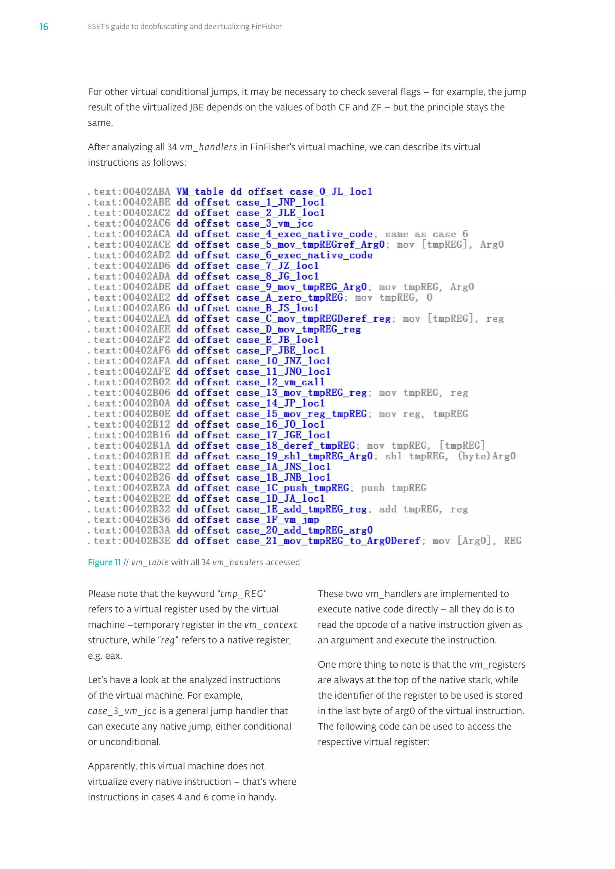 ESET’s guide to deobfuscating and devirtualizing FinFisher16
For other virtual conditional jumps, it may be necessary to check several flags – for example, the jump
result of the virtualized JBE depends on the values of both CF and ZF – but the principle stays the
same.
After analyzing all 34 vm_‌handlers in FinFisher’s virtual machine, we can describe its virtual
instructions as follows:
Figure 11 // vm_table with all 34 vm_handlers accessed
Please note that the keyword “tmp_‌REG”
refers to a virtual register used by the virtual
machine –temporary register in the vm_‌context
structure, while “reg” refers to a native register,
e.g. eax.
Let’s have a look at the analyzed instructions
of the virtual machine. For example,
case_‌3_‌vm_‌jcc is a general jump handler that
can execute any native jump, either conditional
or unconditional.
Apparently, this virtual machine does not
virtualize every native instruction – that’s where
instructions in cases 4 and 6 come in handy.
These two vm_‌handlers are implemented to
execute native code directly – all they do is to
read the opcode of a native instruction given as
an argument and execute the instruction.
One more thing to note is that the vm_‌registers
are always at the top of the native stack, while
the identifier of the register to be used is stored
in the last byte of arg0 of the virtual instruction.
The following code can be used to access the
respective virtual register:
 
