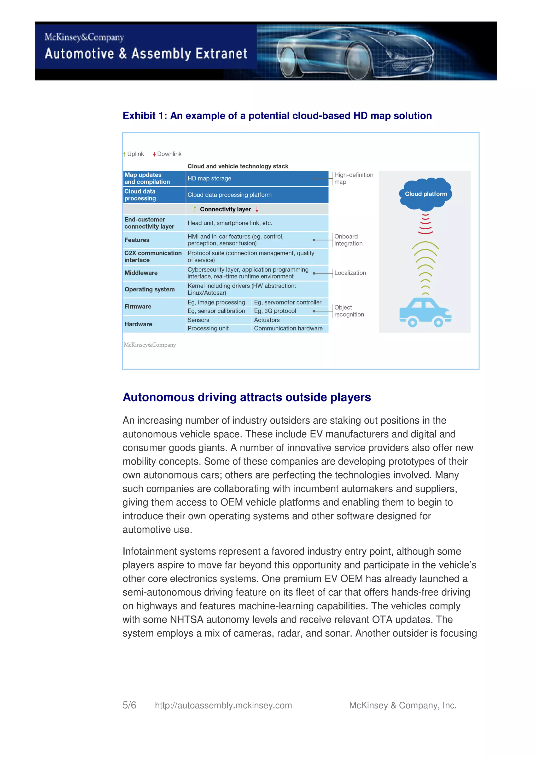 5/6 http://autoassembly.mckinsey.com McKinsey & Company, Inc.
Exhibit 1: An example of a potential cloud-based HD map solution
Autonomous driving attracts outside players
An increasing number of industry outsiders are staking out positions in the
autonomous vehicle space. These include EV manufacturers and digital and
consumer goods giants. A number of innovative service providers also offer new
mobility concepts. Some of these companies are developing prototypes of their
own autonomous cars; others are perfecting the technologies involved. Many
such companies are collaborating with incumbent automakers and suppliers,
giving them access to OEM vehicle platforms and enabling them to begin to
introduce their own operating systems and other software designed for
automotive use.
Infotainment systems represent a favored industry entry point, although some
players aspire to move far beyond this opportunity and participate in the vehicle’s
other core electronics systems. One premium EV OEM has already launched a
semi-autonomous driving feature on its fleet of car that offers hands-free driving
on highways and features machine-learning capabilities. The vehicles comply
with some NHTSA autonomy levels and receive relevant OTA updates. The
system employs a mix of cameras, radar, and sonar. Another outsider is focusing
 