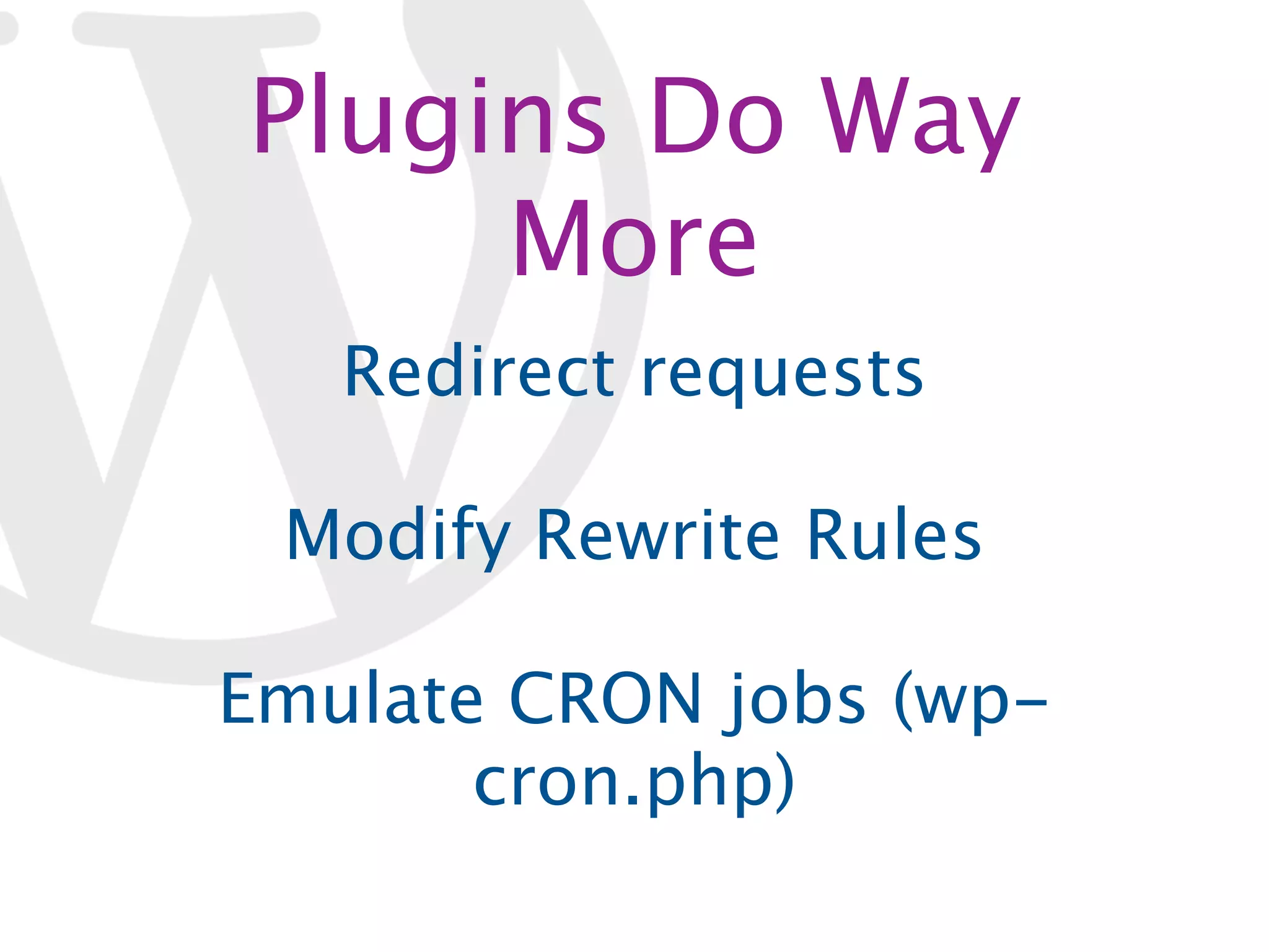 Plugins Do Way More Redirect requests Modify Rewrite Rules Emulate CRON jobs (wp- cron.php) 