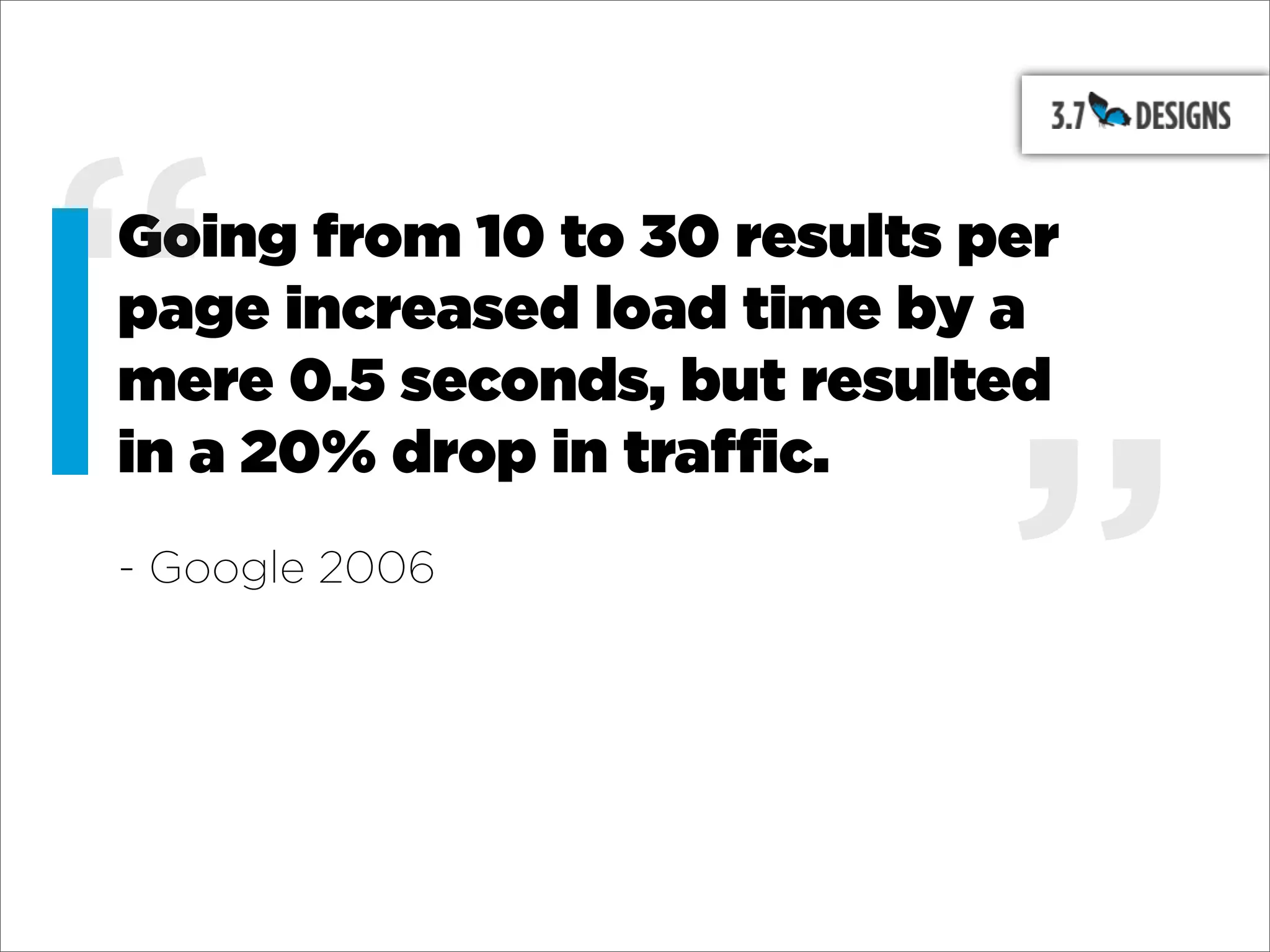 “
Going from 10 to 30 results per
page increased load time by a
mere 0.5 seconds, but resulted



                             ”
in a 20% drop in traffic.
- Google 2006
 