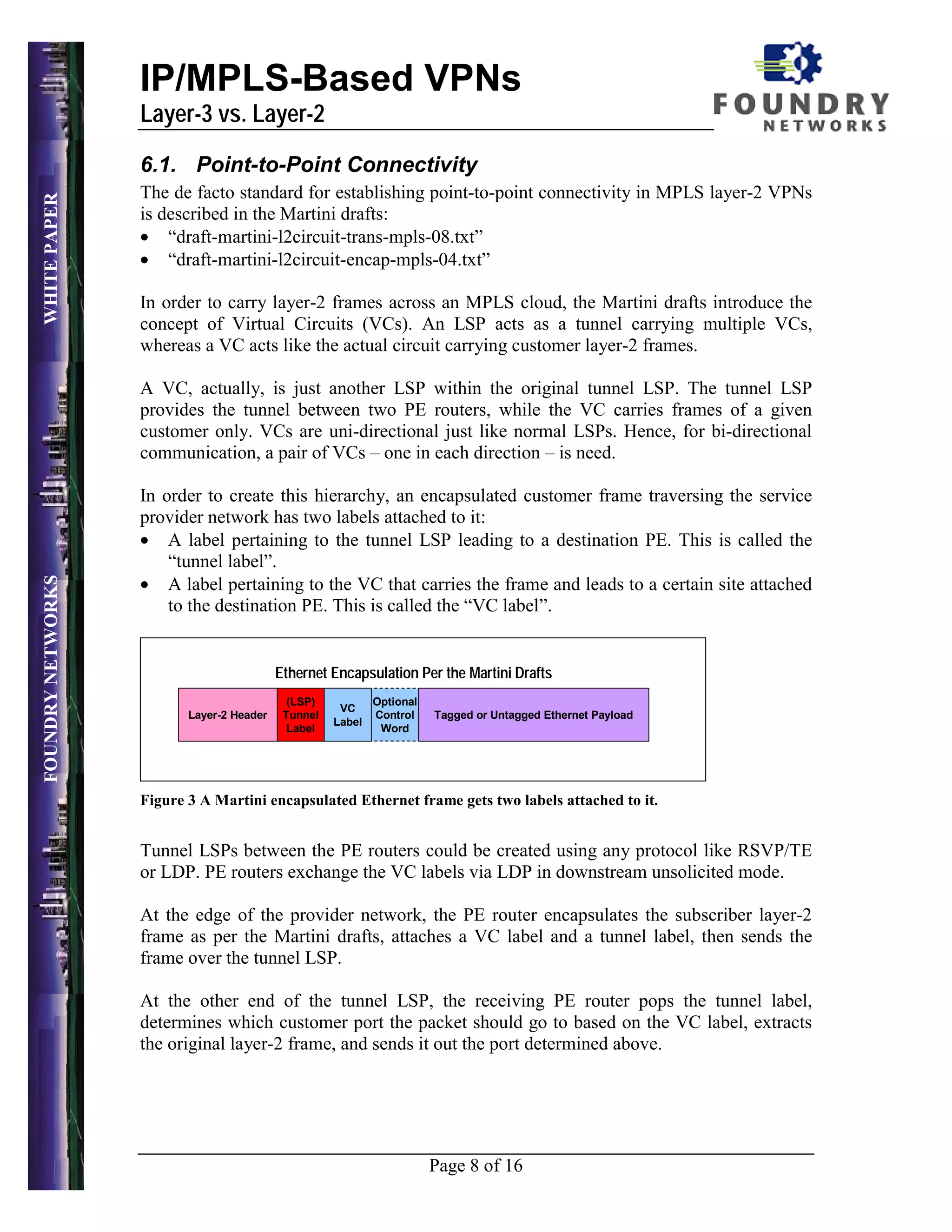 IP/MPLS-Based VPNs
                   Layer-3 vs. Layer-2

                   6.1. Point-to-Point Connectivity
                   The de facto standard for establishing point-to-point connectivity in MPLS layer-2 VPNs
WHITE PAPER




                   is described in the Martini drafts:
                   • “draft-martini-l2circuit-trans-mpls-08.txt”
                   • “draft-martini-l2circuit-encap-mpls-04.txt”

                   In order to carry layer-2 frames across an MPLS cloud, the Martini drafts introduce the
                   concept of Virtual Circuits (VCs). An LSP acts as a tunnel carrying multiple VCs,
                   whereas a VC acts like the actual circuit carrying customer layer-2 frames.

                   A VC, actually, is just another LSP within the original tunnel LSP. The tunnel LSP
                   provides the tunnel between two PE routers, while the VC carries frames of a given
                   customer only. VCs are uni-directional just like normal LSPs. Hence, for bi-directional
                   communication, a pair of VCs – one in each direction – is need.

                   In order to create this hierarchy, an encapsulated customer frame traversing the service
                   provider network has two labels attached to it:
                   • A label pertaining to the tunnel LSP leading to a destination PE. This is called the
                       “tunnel label”.
                   • A label pertaining to the VC that carries the frame and leads to a certain site attached
FOUNDRY NETWORKS




                       to the destination PE. This is called the “VC label”.


                                           Ethernet Encapsulation Per the Martini Drafts
                                             (LSP)           Optional
                                                      VC
                          Layer-2 Header    Tunnel           Control    Tagged or Untagged Ethernet Payload
                                                     Label
                                             Label            Word




                   Figure 3 A Martini encapsulated Ethernet frame gets two labels attached to it.


                   Tunnel LSPs between the PE routers could be created using any protocol like RSVP/TE
                   or LDP. PE routers exchange the VC labels via LDP in downstream unsolicited mode.

                   At the edge of the provider network, the PE router encapsulates the subscriber layer-2
                   frame as per the Martini drafts, attaches a VC label and a tunnel label, then sends the
                   frame over the tunnel LSP.

                   At the other end of the tunnel LSP, the receiving PE router pops the tunnel label,
                   determines which customer port the packet should go to based on the VC label, extracts
                   the original layer-2 frame, and sends it out the port determined above.




                                                                        Page 8 of 16
 