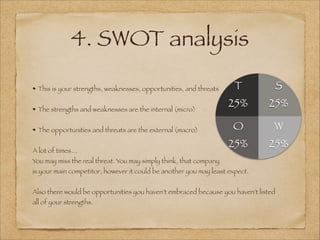 4. SWOT analysis
!
This is your strengths, weaknesses, opportunities, and threats
!
The strengths and weaknesses are the internal (micro)
!
The opportunities and threats are the external (macro)
!
A lot of times…
You may miss the real threat. You may simply think, that company
is your main competitor, however it could be another you may least expect.
!
Also there would be opportunities you haven’t embraced because you haven’t listed
all of your strengths.
T
25%
O
25%
W
25%
S
25%
 