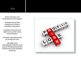 Risk


   At the conclusion of a
comprehensive risk analysis.

   Canadian banks offer
   inexpensive money to
   Canadian consumers.

 Canadian consumers are
 bullish and use the money
       from the banks.

Canadian real estate prices
   go through the roof.

        Canadian auto
manufacturers head for cover
pull out of leasing (most) and
shift the risk to the Canadian
           consumer.
 