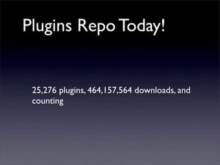 Plugins Repo Today!
25,276 plugins, 464,157,564 downloads, and
counting
 