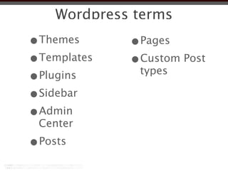 Wordpress terms
•Themes      •Pages
•Templates   •Custom Post
              types
•Plugins
•Sidebar
•Admin
 Center
•Posts
 
