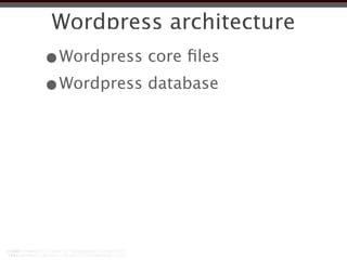 Wordpress architecture
•Wordpress core ﬁles
•Wordpress database
 