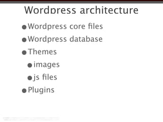 Wordpress architecture
•Wordpress core ﬁles
•Wordpress database
•Themes
 •images
 •js ﬁles
•Plugins
 