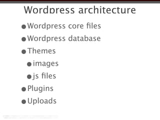 Wordpress architecture
•Wordpress core ﬁles
•Wordpress database
•Themes
 •images
 •js ﬁles
•Plugins
•Uploads
 