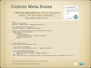 Custom Meta Boxes
    <?php add_meta_box( $id, $title, $callback,
         $post_type, $context, $priority,
              $callback_args ); ?>
<?php
/*	
  Define	
  the	
  custom	
  box	
  */
add_action(	
  'add_meta_boxes',	
  'myplugin_add_custom_box'	
  );

/*	
  Do	
  something	
  with	
  the	
  data	
  entered	
  */
add_action(	
  'save_post',	
  'myplugin_save_postdata'	
  );

/*	
  Adds	
  a	
  box	
  to	
  the	
  main	
  column	
  on	
  the	
  Post	
  and	
  Page	
  edit	
  screens	
  */
function	
  myplugin_add_custom_box()	
  {
	
  	
  	
  	
  add_meta_box(	
  
	
  	
  	
  	
  	
  	
  	
  	
  'myplugin_sectionid',
	
  	
  	
  	
  	
  	
  	
  	
  __(	
  'My	
  Post	
  Section	
  Title',	
  'myplugin_textdomain'	
  ),
	
  	
  	
  	
  	
  	
  	
  	
  'myplugin_inner_custom_box',
	
  	
  	
  	
  	
  	
  	
  	
  'post'	
  
	
  	
  	
  	
  );
}

/*	
  Prints	
  the	
  box	
  content	
  */
function	
  myplugin_inner_custom_box(	
  $post	
  )	
  {

	
  	
  //	
  Use	
  nonce	
  for	
  verification
	
  	
  wp_nonce_field(	
  plugin_basename(	
  __FILE__	
  ),	
  'myplugin_noncename'	
  );

	
  	
  //	
  The	
  actual	
  fields	
  for	
  data	
  entry
	
  	
  echo	
  '<label	
  for="myplugin_new_field">';
	
  	
  	
  	
  	
  	
  	
  _e("Description	
  for	
  this	
  field",	
  'myplugin_textdomain'	
  );
	
  	
  echo	
  '</label>	
  ';
	
  	
  echo	
  '<input	
  type="text"	
  id="myplugin_new_field"	
  name="myplugin_new_field"	
  value="whatever"	
  size="25"	
  />';
}
..........

http://codex.wordpress.org/Function_Reference/add_meta_box

(C) 2012 Mohamed Mosaad. All Copyrights Reserved
 