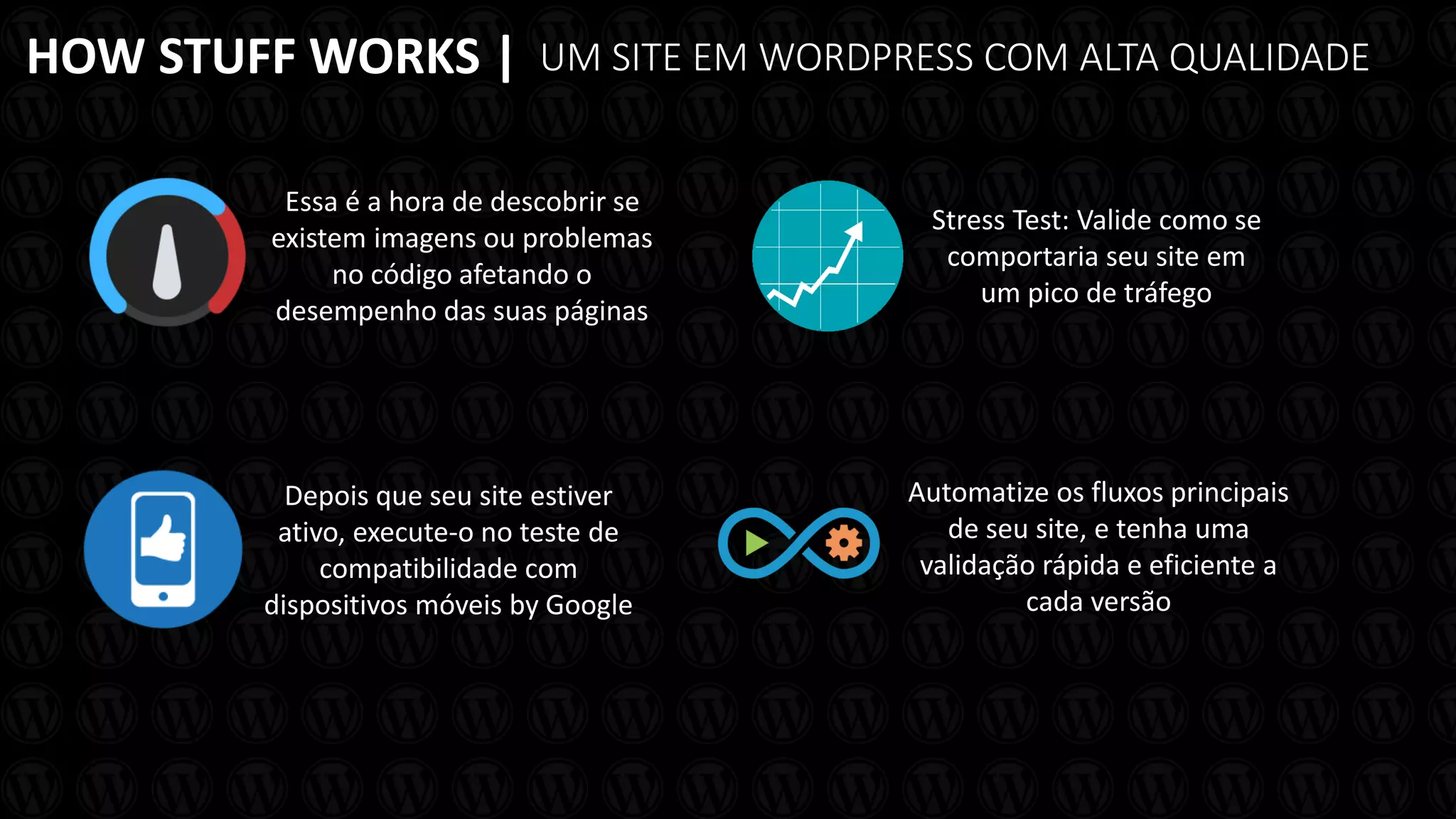 HOW STUFF WORKS | UM SITE EM WORDPRESS COM ALTA QUALIDADE
Depois que seu site estiver
ativo, execute-o no teste de
compatibilidade com
dispositivos móveis by Google
Essa é a hora de descobrir se
existem imagens ou problemas
no código afetando o
desempenho das suas páginas
Stress Test: Valide como se
comportaria seu site em
um pico de tráfego
Automatize os fluxos principais
de seu site, e tenha uma
validação rápida e eficiente a
cada versão
 