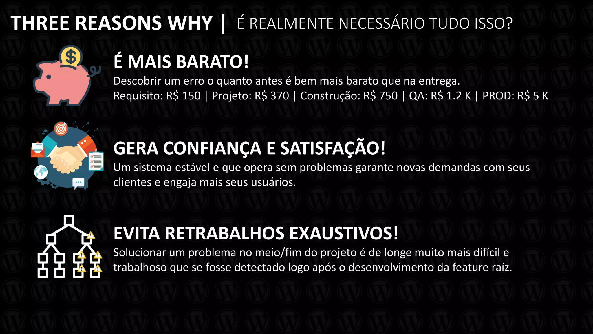 THREE REASONS WHY | É REALMENTE NECESSÁRIO TUDO ISSO?
É MAIS BARATO!
Descobrir um erro o quanto antes é bem mais barato que na entrega.
Requisito: R$ 150 | Projeto: R$ 370 | Construção: R$ 750 | QA: R$ 1.2 K | PROD: R$ 5 K
GERA CONFIANÇA E SATISFAÇÃO!
Um sistema estável e que opera sem problemas garante novas demandas com seus
clientes e engaja mais seus usuários.
EVITA RETRABALHOS EXAUSTIVOS!
Solucionar um problema no meio/fim do projeto é de longe muito mais difícil e
trabalhoso que se fosse detectado logo após o desenvolvimento da feature raíz.
 