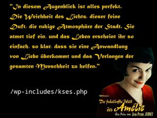 "In diesem Augenblick ist alles perfekt.
Die Weichheit des Lichts, dieser feine
Duft, die ruhige Atmosphäre der Stadt. Sie
atmet tief ein, und das Leben erscheint ihr so
einfach, so klar, dass sie eine Anwandlung
von Liebe überkommt und das Verlangen der
gesamten Menschheit zu helfen."
/wp-includes/kses.php
 