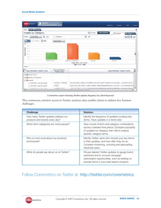 Social Media Analytics




                         Coremetrics report showing Twitter update frequency by client keyword

This continuous, intuitive access to Twitter analytics data enables clients to address key business
challenges:


    Challenge                                                  Solution
    How many Twitter updates address our                       Identify the frequency of updates containg key
    products and brands every day?                             terms. Track updates in a trend view.
    Which term categories are most popular?                    View counts of term and category combinations
                                                               across a desired time period. Compare popularity
                                                               of updates by category, then drill to analyze
                                                               specific category terms.
    Who is most vocal about our products                       Identify Twitter users who include your key terms
    and brands?                                                in their updates, and how often they do so.
                                                               Consider monitoring, nurturing and persuading
                                                               influential users.
    What do people say about us on Twitter?                    Peruse relevent Twitter updates to gauge brand
                                                               sentiment and to uncover campaign
                                                               optimization opportunities, such as bidding on
                                                               popular terms in your paid-search program.




Follow Coremetrics on Twitter at: http://twitter.com/coremetrics




                                 Copyright © 2009 Coremetrics, Inc. All rights reserved.          WHITE PAPER      10
 